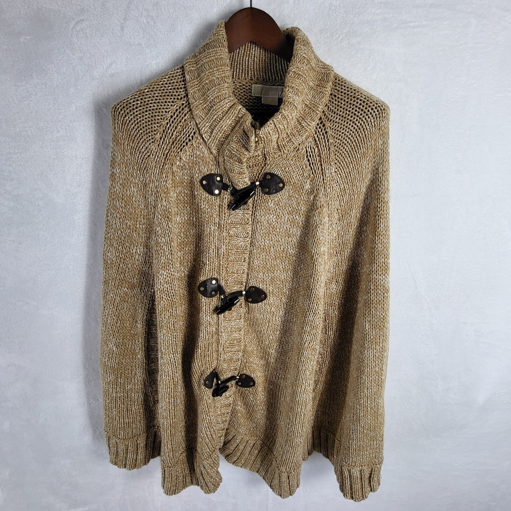 Michael Kors Poncho Sweater Cape Toggle Zipper Tan White Marled Designer Size 2X